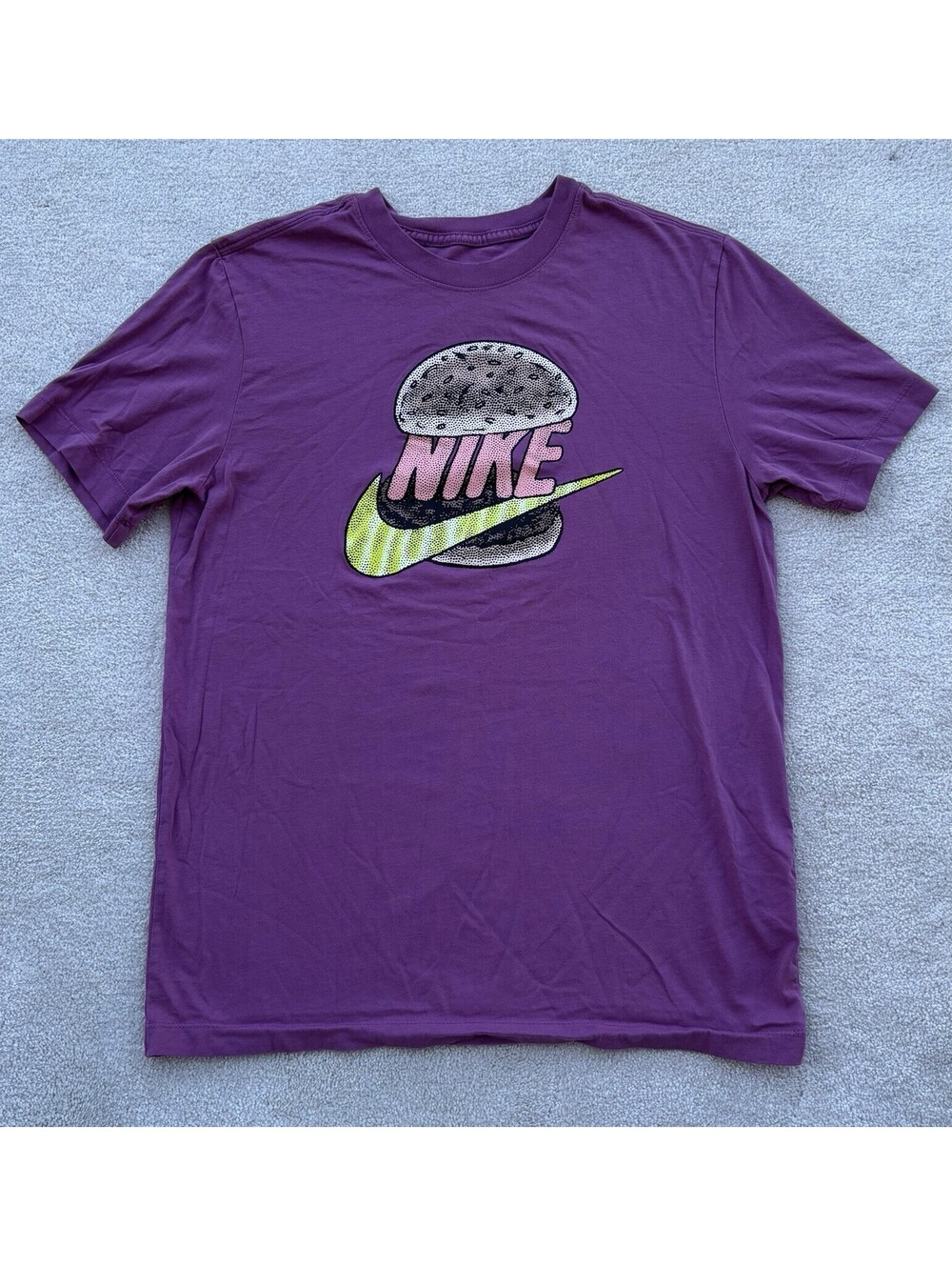 The Nike Tee Purple Mauve Hamburger Cheeseburger T-Shirt Men's Size Medium
